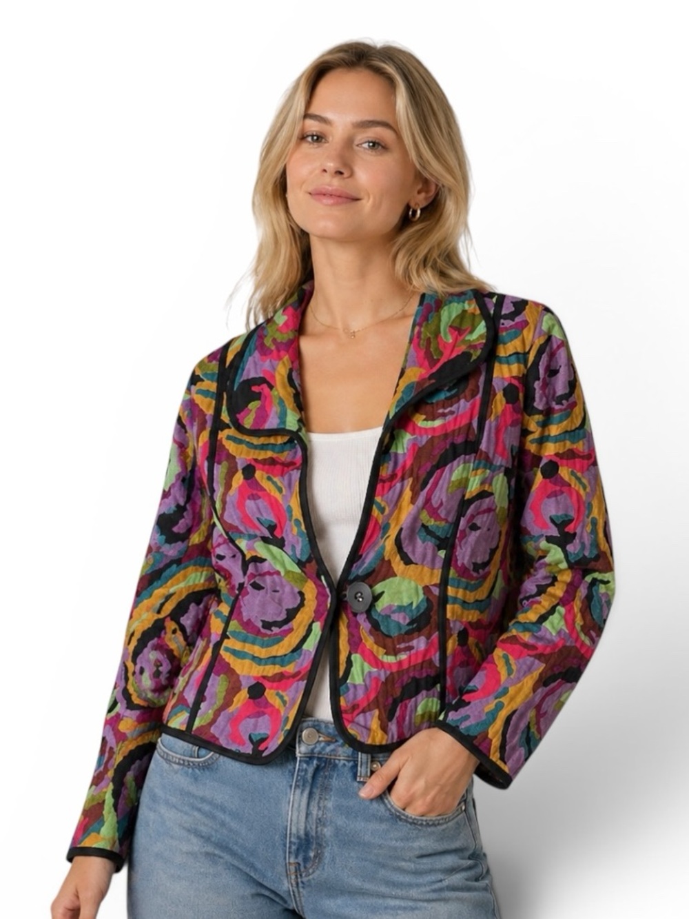 VTG Canvasbacks Multicolor Swirl Print Blazer Pink Purple & Turquoise Size M